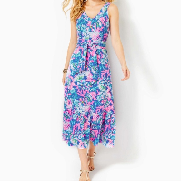 Lilly Pulitzer Dresses & Skirts - Lilly Pulitzer Madsen V-neck Midi Dress Blue Tang Sitting Seaside - Size Large
